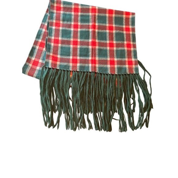 unbranded Accessories - Green Red Wool Plaid Long Fringe Scarf Wrap